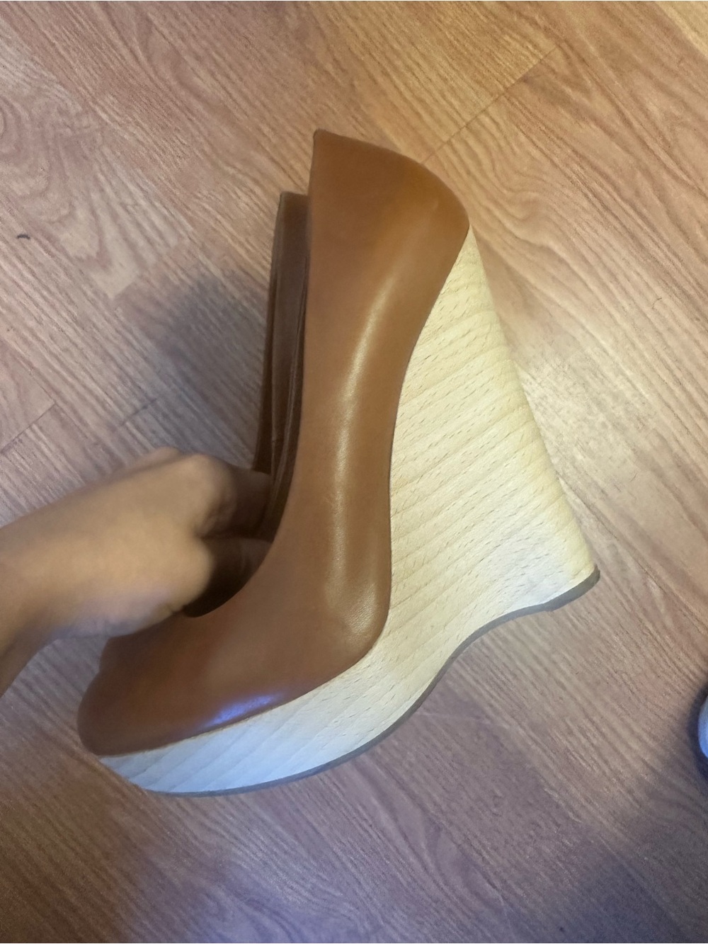 Yves Saint Laurent Brown Leather Wedge Pumps with Wood-Look Platform